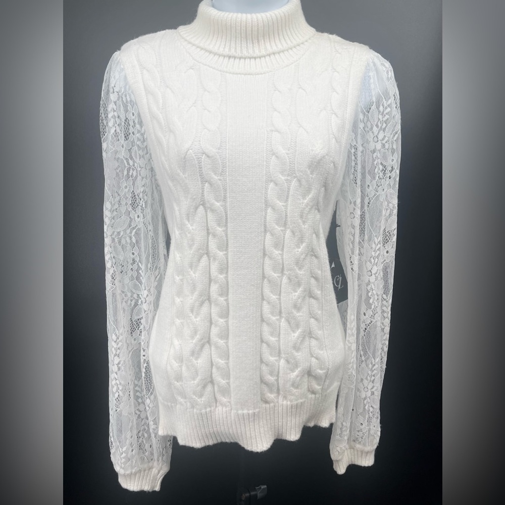 NWT Cezele White Turtleneck Sweater with Lace Sleeves.